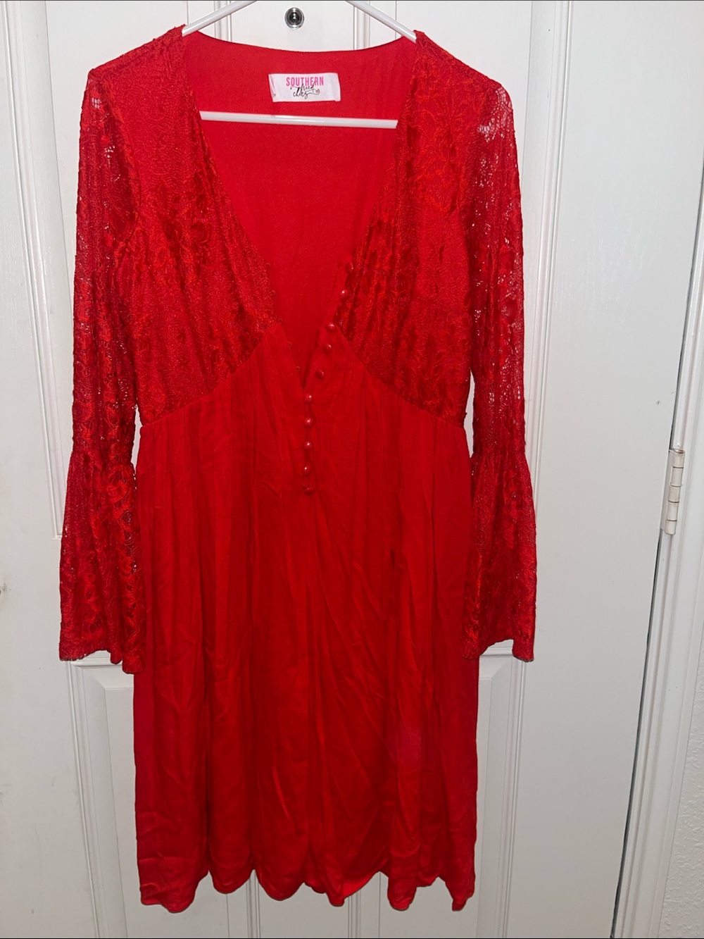 Southern Lady Red Lace & Knit Long-Sleeve Dress